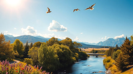 Mountain landscape with a river and flying seagulls.の写真素材