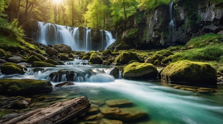 Waterfall in the forest. Beautiful nature scene. Long exposure photo.の写真素材