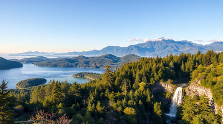 Panoramic view of the lake and mountains in the background.の写真素材