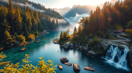 Aerial view of beautiful mountain lake surrounded by forest and high mountains
