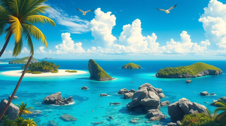 Tropical island with palm trees and seagulls.