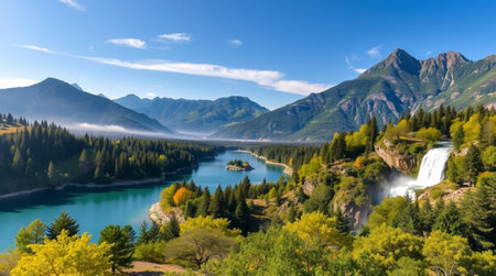 Panoramic view of turquoise lake and mountains in autumnの写真素材