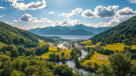 Panoramic view of the valley and the river in the mountains