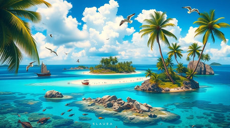 Tropical island with palm trees and blue sea. 3d rendering
