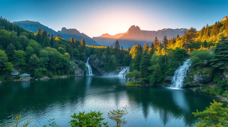 Beautiful view of the waterfall at sunsetの写真素材
