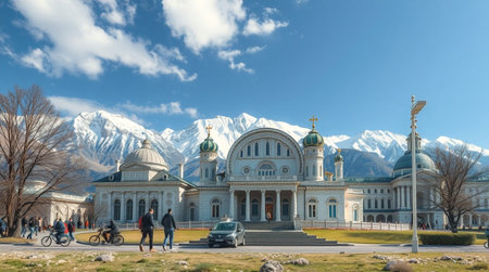 View of a large cathedral with mountain background