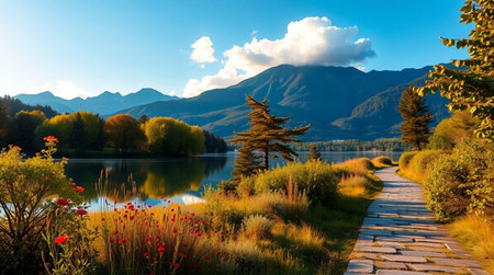 Beautiful autumn landscape with lake and mountains in the background at sunset