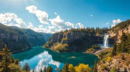 Panoramic view of the beautiful emerald lake.の写真素材