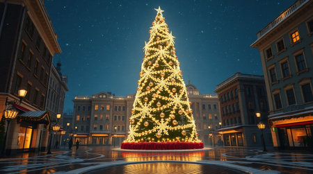 Christmas tree in the center of the city at night. 3d renderingの写真素材