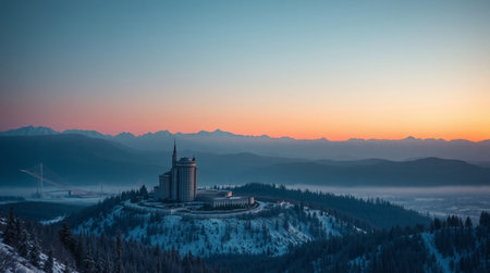 Sunrise in the winter mountains. Landscape with a view of the hotel in the fog.の写真素材