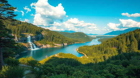 Beautiful view of the lake and the waterfall on a sunny dayの写真素材