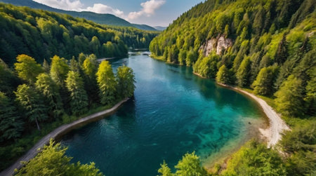 Aerial view of the river in the mountains. Beautiful summer landscapeの写真素材