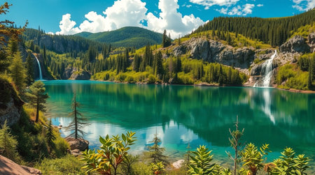 Beautiful turquoise lake in the mountains of Kyrgyzstanの写真素材