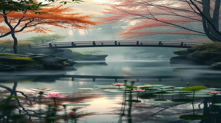 Beautiful Japanese garden with lake and bridge,3d render.の写真素材