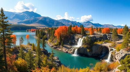 Autumn landscape with lake and waterfall