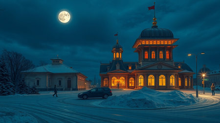 Night view of the building of the State Academic Opera and Ballet Theatre in Gatchina, Russiaの写真素材