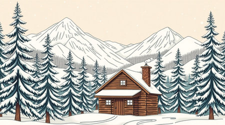Wooden house in the mountains. Winter landscape. Vector illustration.の写真素材