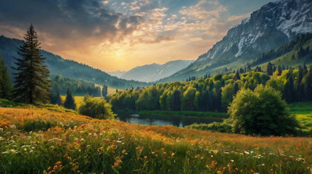 panoramic view of alpine meadow and mountains at sunsetの写真素材