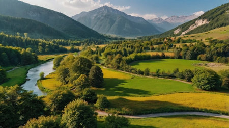 Aerial view of the green meadow and the river in mountains.の写真素材
