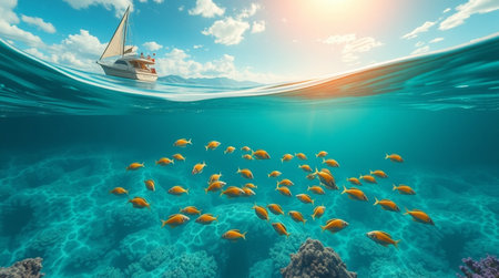 Tropical fish and boat in the sea. 3d render