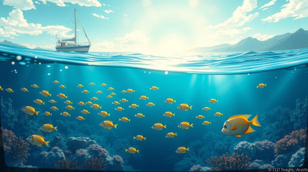 Underwater view of the coral reef with fish. 3d renderingの写真素材