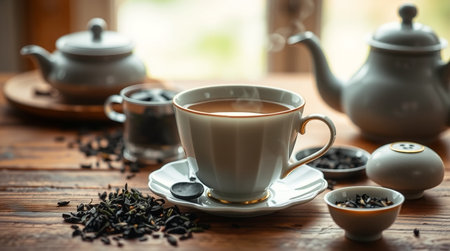 Cup of tea with teapot and cups on wooden table
