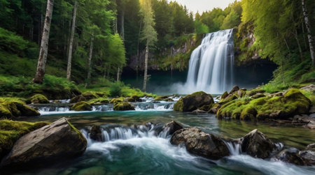 Waterfall in the forest. Beautiful landscape with a waterfall in the forest.の写真素材