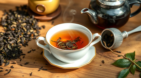 tea cup and teapot on wooden table, stock photoの写真素材