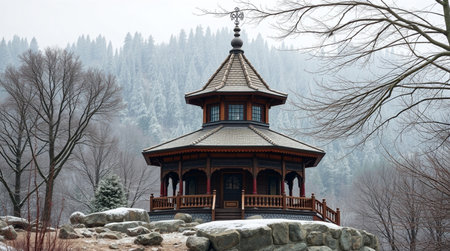 Wooden gazebo in a park in the winter.の写真素材