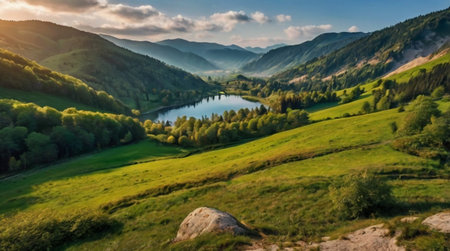 Panoramic view of the mountain lake in the Carpathian mountainsの写真素材