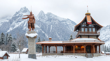 Sculpture in a snowy landscape with mountains in the background.の写真素材
