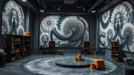 3D rendering of the interior of a museum with a lot of paintingsの写真素材