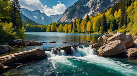 Waterfall in the Dolomites, Italy. Panoramic view