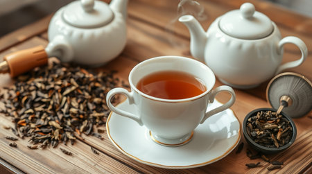 Cup of tea and teapot on wooden table, closeupの写真素材