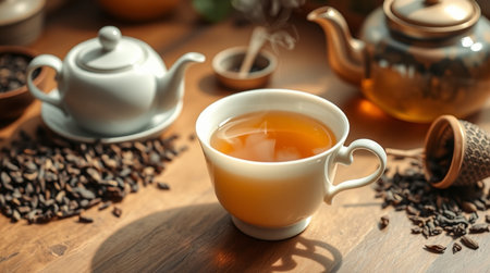 Cup of tea and teapot on wooden table, closeupの写真素材