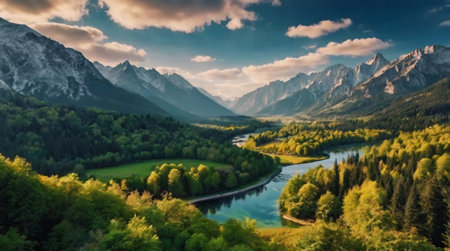 Beautiful panoramic view of the mountain river. Mountain landscape.