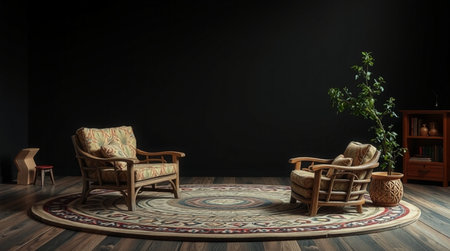 Interior of a living room with armchairs and bookshelfの写真素材