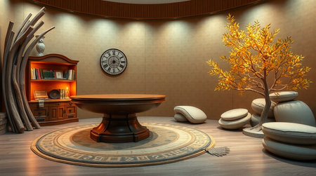 3D rendering of the living room interior with a round wooden table