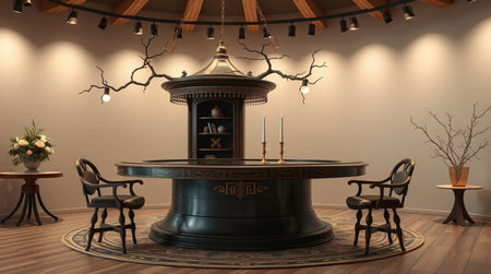 Interior of a cafe with a round table.