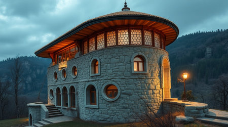 3D rendering of a stone house in the mountains at night.の写真素材