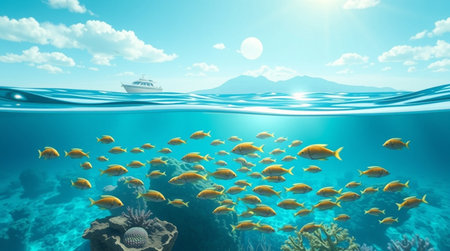 Underwater view of coral reef with fish and cruise ship. 3d render