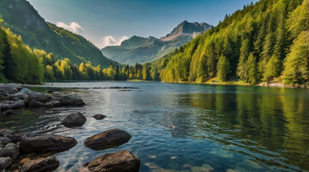 Panoramic view of the mountain lake in the Austrian Alps.