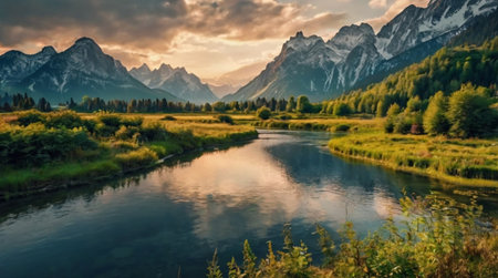 Beautiful alpine landscape with river and mountains in the background.の写真素材