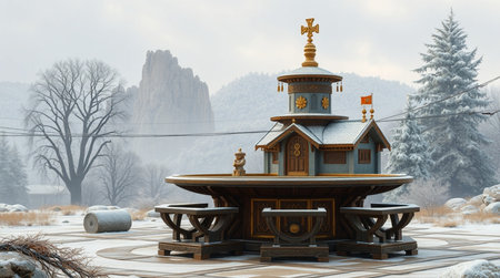 3D CG rendering of Wooden church in the snow. High resolution image.の写真素材
