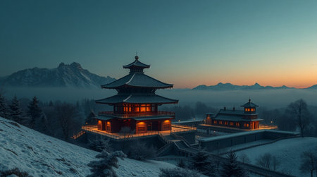 Giant Wild Goose Pagoda in the winter mountains at sunrise. Panoramaの写真素材