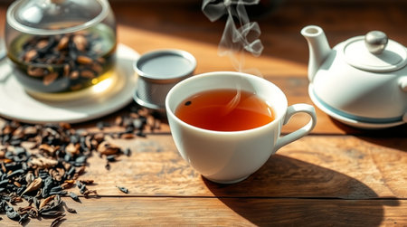 tea cup and teapot on wooden table, stock photoの写真素材