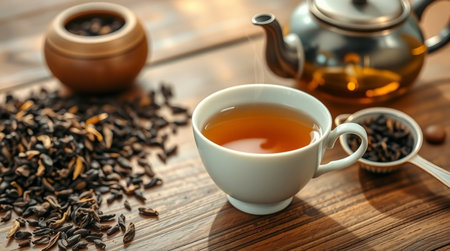 Cup of tea and teapot on wooden table, closeupの写真素材