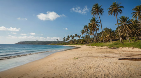 Panoramic view of sandy beach with palm trees and blue skyの写真素材
