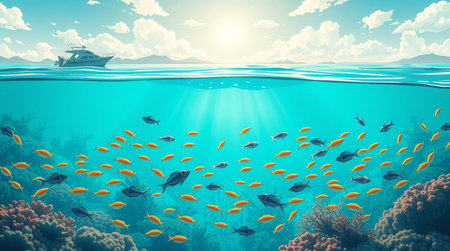 Underwater scene with coral reef and tropical fish. 3d rendering
