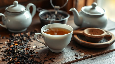 Cup of tea and teapot on wooden table, closeupの写真素材